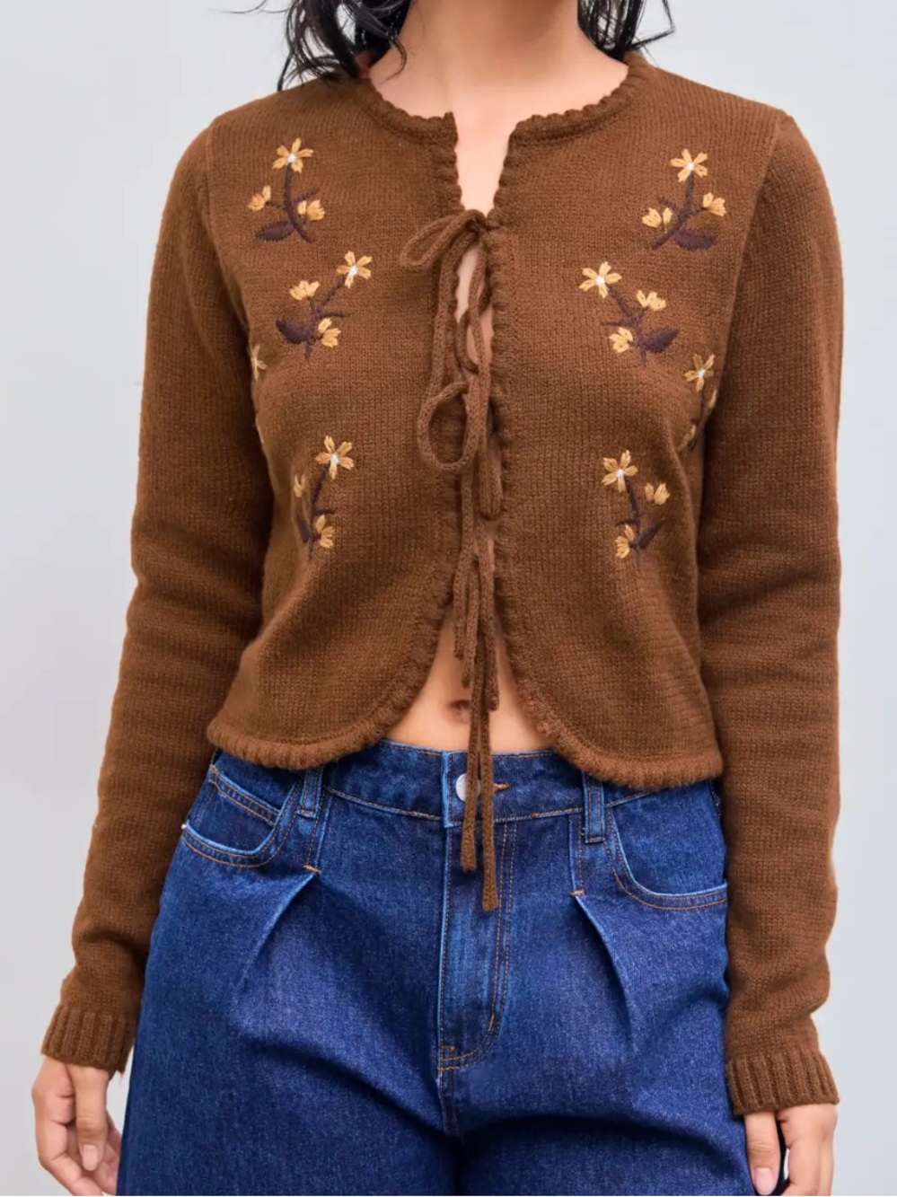 Cider Embroidered Tie-front Cardigan